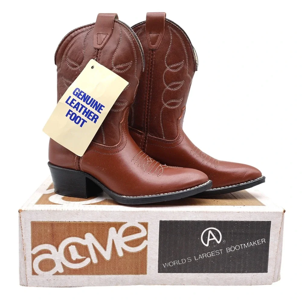 Acme Cowboy Boots Kids Size 10 D Vintage Brown Leather Made in USA NIB 2406